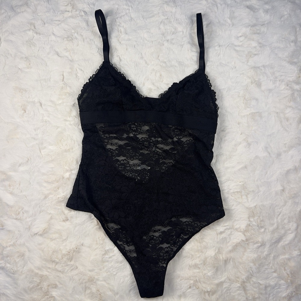 VS PINK Lace Triangle‎ Unlined Sheer Bodysuit Black Women's Size M One Piece NWT